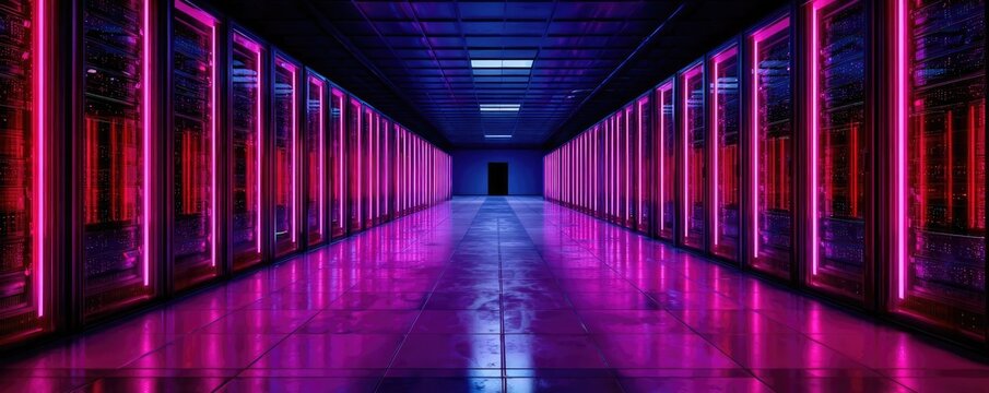 Modern rack LED console in server room concept. Futuristic server room with vibrant neon lights and technology.