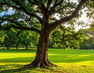Lush green tree in a park at dawn