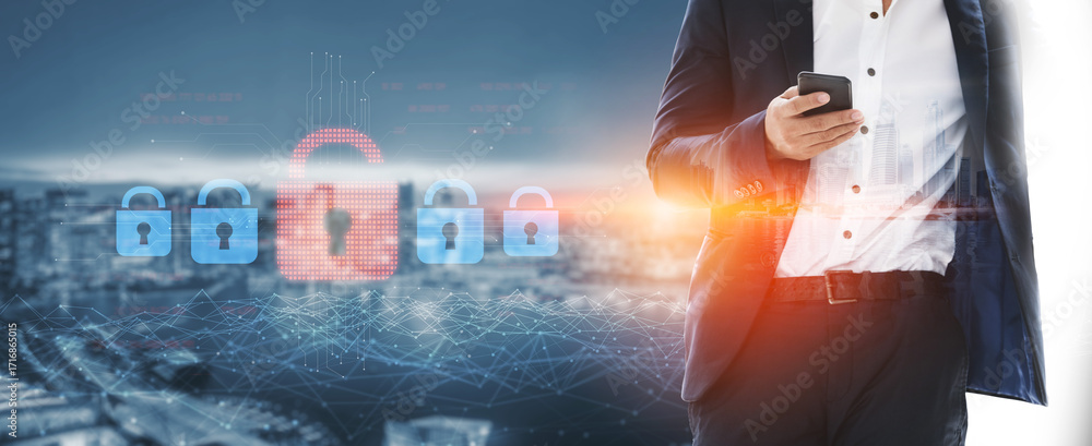 Poster digital security concept illustrating a cybersecurity breach, with a red unlocked padlock indicating