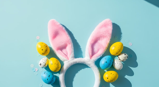 Playful Easter Bunny Ears and Decorated Eggs on a Pastel Background