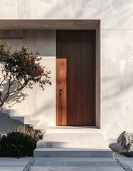 Modern entryway with a wooden door and stone