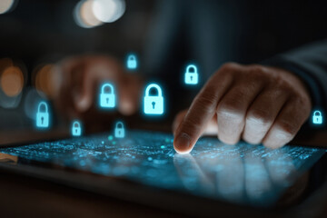 A close up of hands typing on a tablet with glowing padlock icons hovering above, symbolizing cybersecurity, privacy, and digital protection in a dim, tech focused setting.