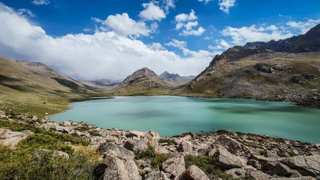 The view of Besh-Tash Lake in Kyrgyzstan