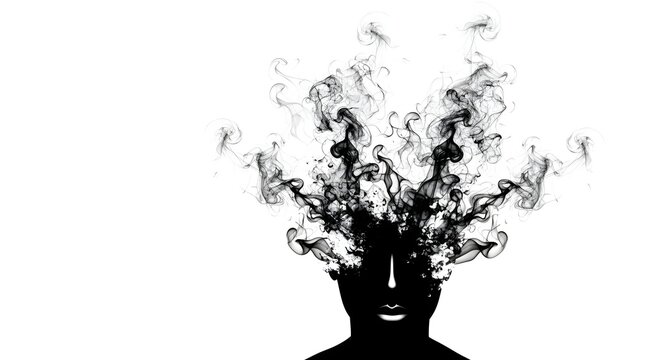 Depression mental confusion, gaslighting  Silhouette of a person with smoke exploding from their head, symbolizing stress or ideas