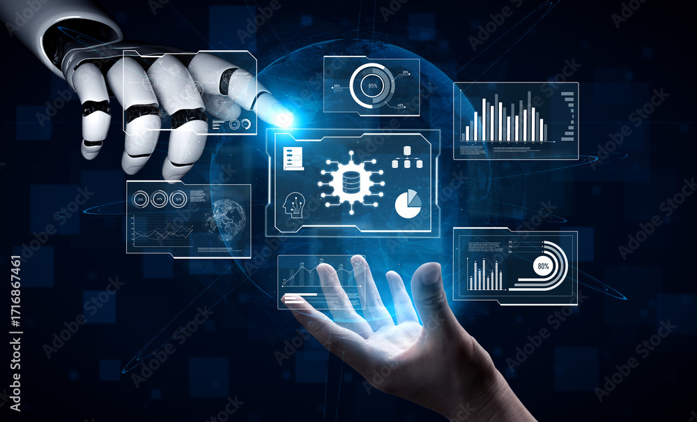 Poster ai reading big data visualization dashboard, analyzing insights, identifying patterns, and generatin