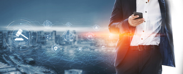 Futuristic digital law interface displaying justice scale, highlighting digital law, AI compliance,...