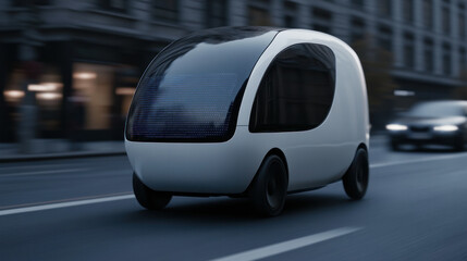 A sleek autonomous pod car with a glass canopy glides along a neon-lit city street at night, showcasing white curves, compact form, and subtle motion blur.