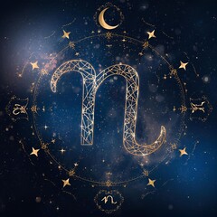 Golden geometric Capricorn zodiac symbol on a starry blue celestial background
