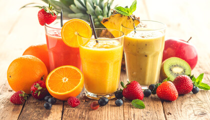 Vibrant fruit smoothies with fresh fruits on a wooden table.
