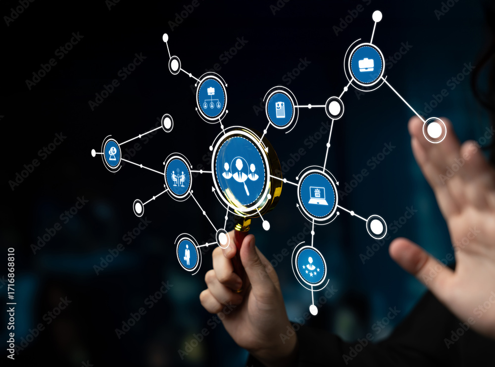 Poster a person uses a magnifying glass to analyze a web of digital connections, showcasing the importance 