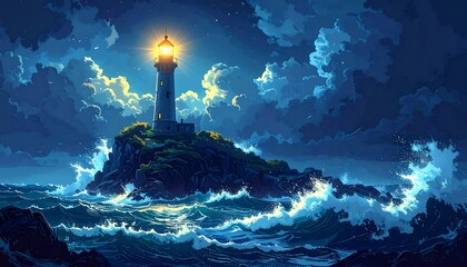 Lighthouse at night, stormy sea