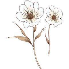 Delicate outline sketch of two white flowers with soft brown accents
