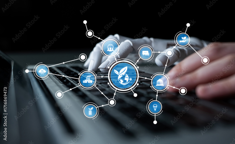 Poster a robotic hand interacts with a laptop, illustrating the intersection of technology and innovation i