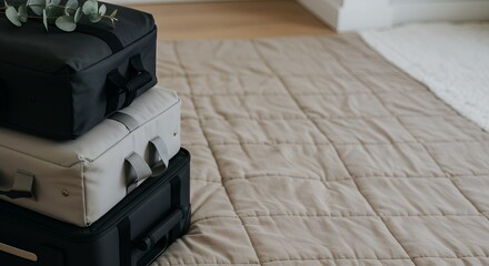 Fototapeta premium Flat lay mockup of three stacked neutral-toned storage boxes on a beige quilted mat, showcasing a minimalist and calming