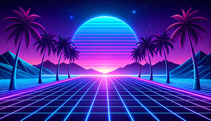 Retro Wave Sunset with Palm Trees and Grid Landscape.