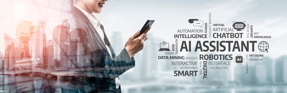 Poster a business professional engages with a smartphone in a modern urban setting, showcasing ai concepts 