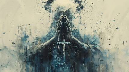 Deconstructed sacred illustration of hands in prayer holding a rosary with a cross. Abstract style with soft strokes, ink splashes, and a halo-like glow. High-contrast monochrome palette, evoking spir