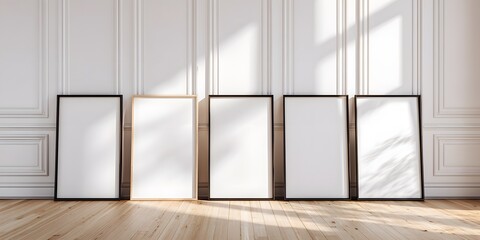 Five vertical blank picture frames four black and one light wood leaning in a row for a mockup.