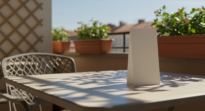 Blank white tabletop menu mockup on a sunny outdoor cafe table with chairs and plants in the background, showcasing a warm and