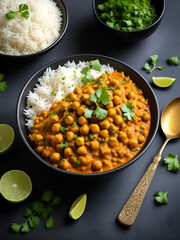 Chickpeas masala (Spicy chola or chhole curry) and Pulav (Rice) garnished with fresh green coriander and ingredients. Served in a black bowl. An Classic Indian typical Panjabi street food