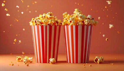 red-and-white striped popcorn containers on red surface with scattered kernels—