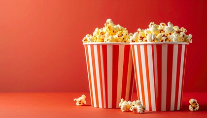 red-and-white striped popcorn containers on red surface with scattered kernels—