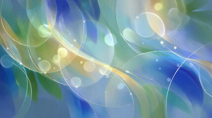 Abstract Flow of Serenity: A delicate abstract composition of flowing shapes and soft, overlapping circles, bathed in a serene palette of blues, greens, and yellows.
