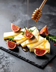 Honey-drizzled cheese and figs on slate