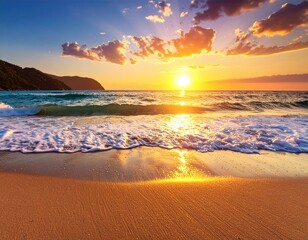 Fototapeta premium Golden Sunset over Turquoise Water with Sandy Beach and Lush Green Hillside Cinematic HDR Wide Angle Drone Photography
