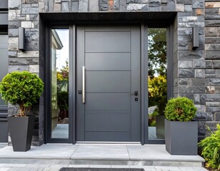 Modern gray entryway with stone facade