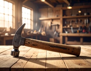 Hammer on a wooden workbench in a workshop