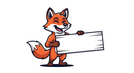 Cheerful fox mascot character illustration holding a blank wooden sign, ready for custom text or message on a clean white background, perfect for announcements