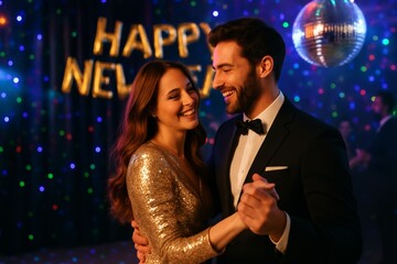 A happy couple dressed in formal attire smile as they dance.