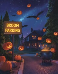 Whimsical broom parking lot with glowing sign, floating pumpkins, bubbling cauldron under starry night, magical realism style.  
