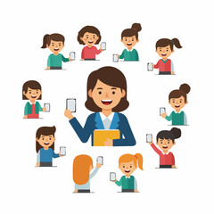 Group of Women with Smartphones Flat Design Style Sharing Information.