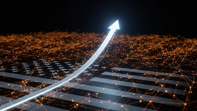 A glowing, upward-trending arrow rises over a digital network in the shape of the American flag, symbolizing US economic growth and financial success driven by technology.