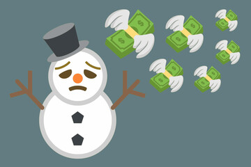 Sad snowman with flying dollar banknotes with wings, concept of winter financial loss, heating expenses, rising energy costs, inflation, economic downturn during cold season and money problems.