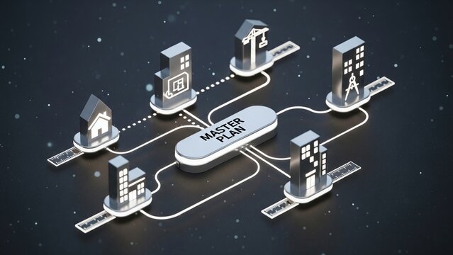 A glowing, abstract network with a Master Plan hub connected to icons representing buildings and homes, symbolizing urban planning and modern architectural design.