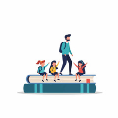 Stylized teacher and three diverse students on stacked books representing education and knowledge.