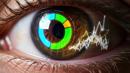 A close-up of a human eye with a futuristic digital overlay displaying data charts and graphs, symbolizing concepts of biometric security, data analysis, and technological innovation.