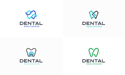 Set of Dental Clinic Logo Tooth abstract design vector template Linear style. Dentist stomatology medical doctor Logotype concept icon.