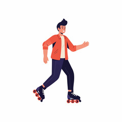Cartoon Man Roller Skating with Orange Jacket and Black Pants.