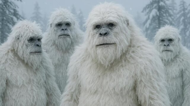 A group of yetis in a snowy forest, captured from a frontal angle. The video concept evokes mystery and fantasy with a wintry backdrop. Live desktop wallpaper.