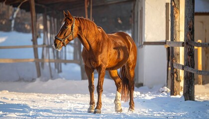 Horse in a snowy stable yard at sunrise