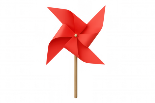 Red pinwheel toy, creating childhood joy and simple fun, standing on a wooden stick with a transparent background