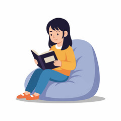 Cartoon girl with black hair in an orange sweater reading a book while sitting on a blue beanbag chair.