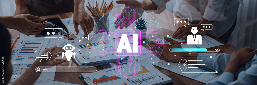 Poster engaging scene showing team members collaborating with artificial intelligence tools in a modern wor