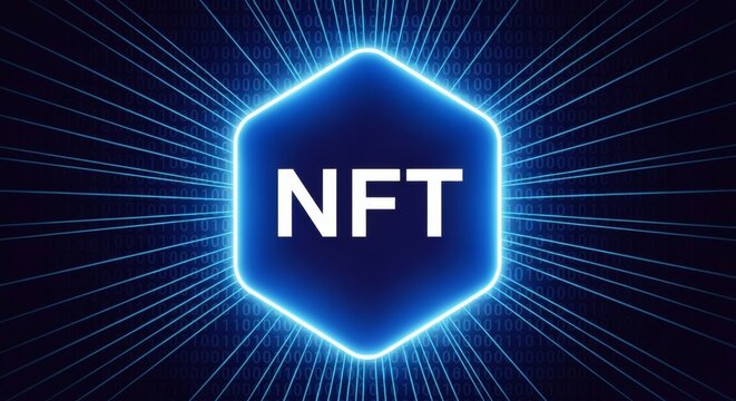 Futuristic concept of NFT non-fungible token technology with a glowing blue digital emblem, illustrating the new era of virtual asset ownership