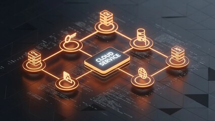 A glowing, abstract diagram of a cloud service hub with connected icons for data, security, and global access, symbolizing a secure and modern technological network.