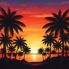 Sunset Over Tropical Beach with Palm Trees Silhouette